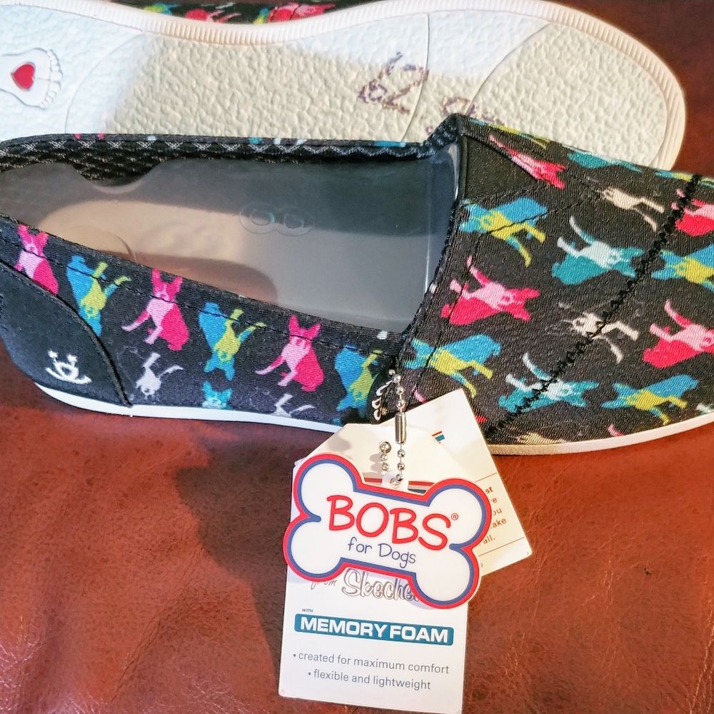 New! Skechers BOBS Black Slip-On Flats with Teal Pink Yellow Blue Dog Print